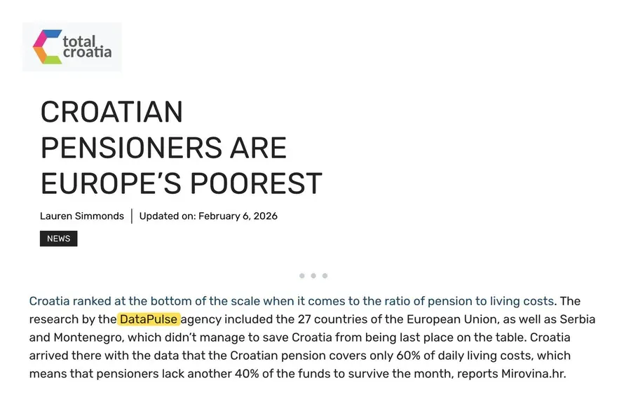 Total Croatia News article: Croatian pensioners are Europe’s poorest, citing DataPulse