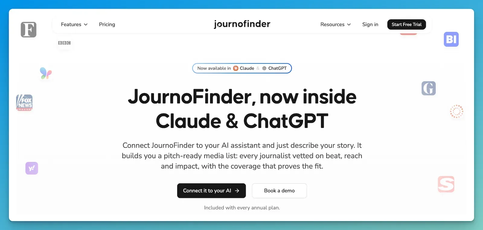 The JournoFinder MCP page announcing JournoFinder now inside Claude and ChatGPT, with a Connect it to your AI button