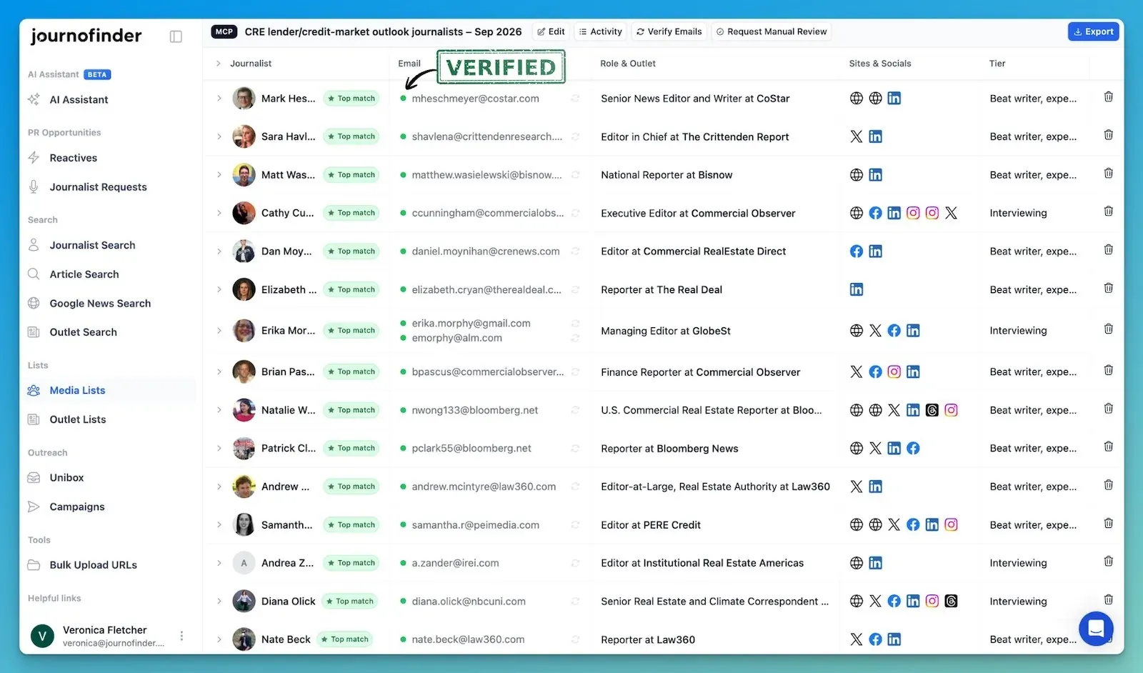 A JournoFinder media list with a verified badge next to every journalist email address