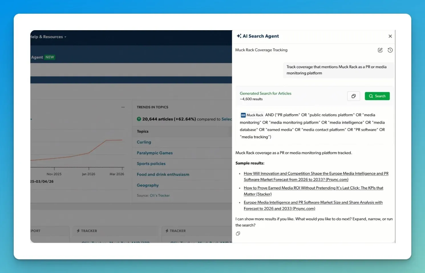 Muck Rack's AI Search Agent turning a plain request into a long Boolean string of keywords